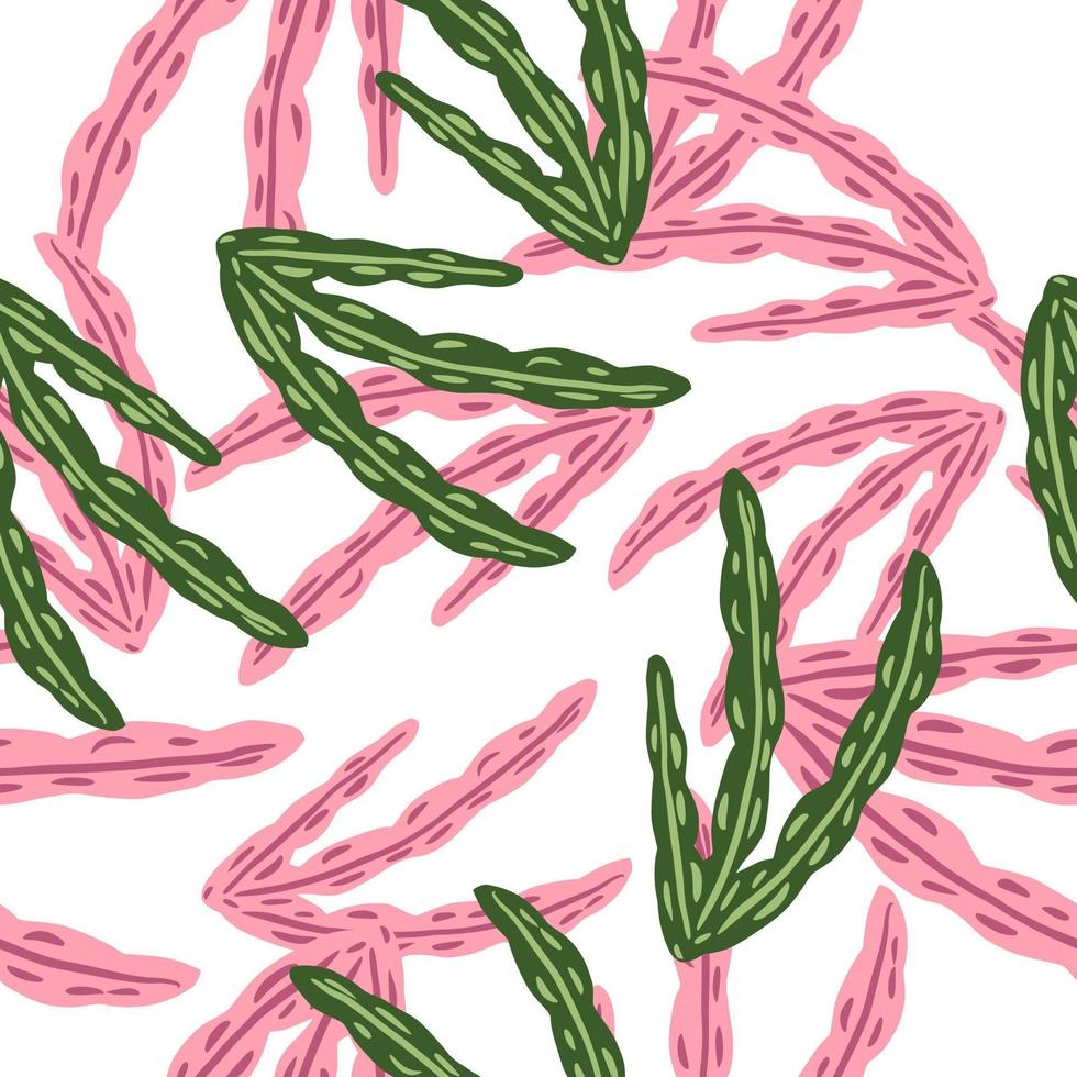 geïsoleerde abstracte willekeurige naadloze patroon met groene en roze gekleurde zeewier brnaches vormen. witte achtergrond. vector