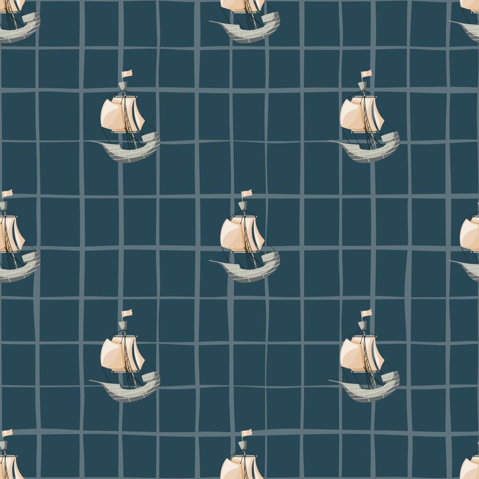 marine naadloos patroon met eenvoudige beige zeilbootschipelementen. marineblauwe achtergrond met vinkje. vector