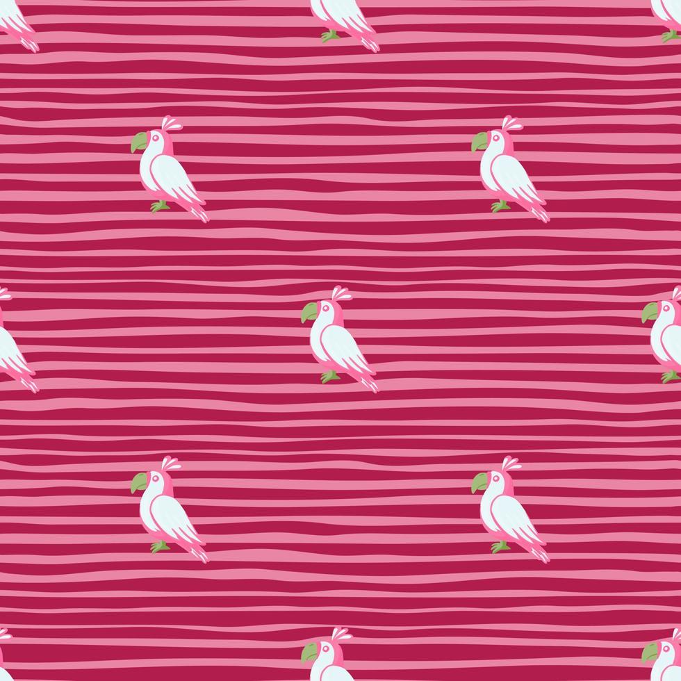 abstracte dierlijke naadloze patroon met doodle witte papegaaien vormen. roze gestreepte achtergrond. grappige achtergrond. vector