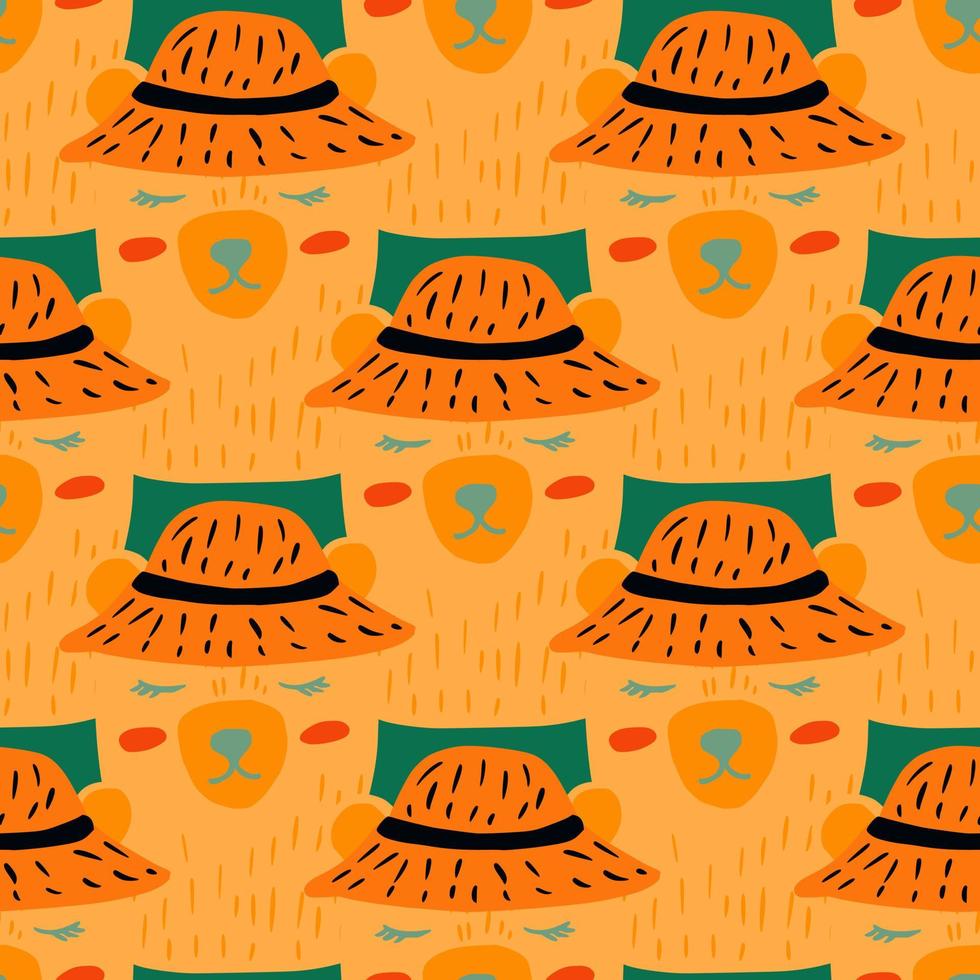 abstracte dierlijke naadloze kinderen patroon met doodle Beer karakter print. grappige oranje dieren in schattige hoeden. vector