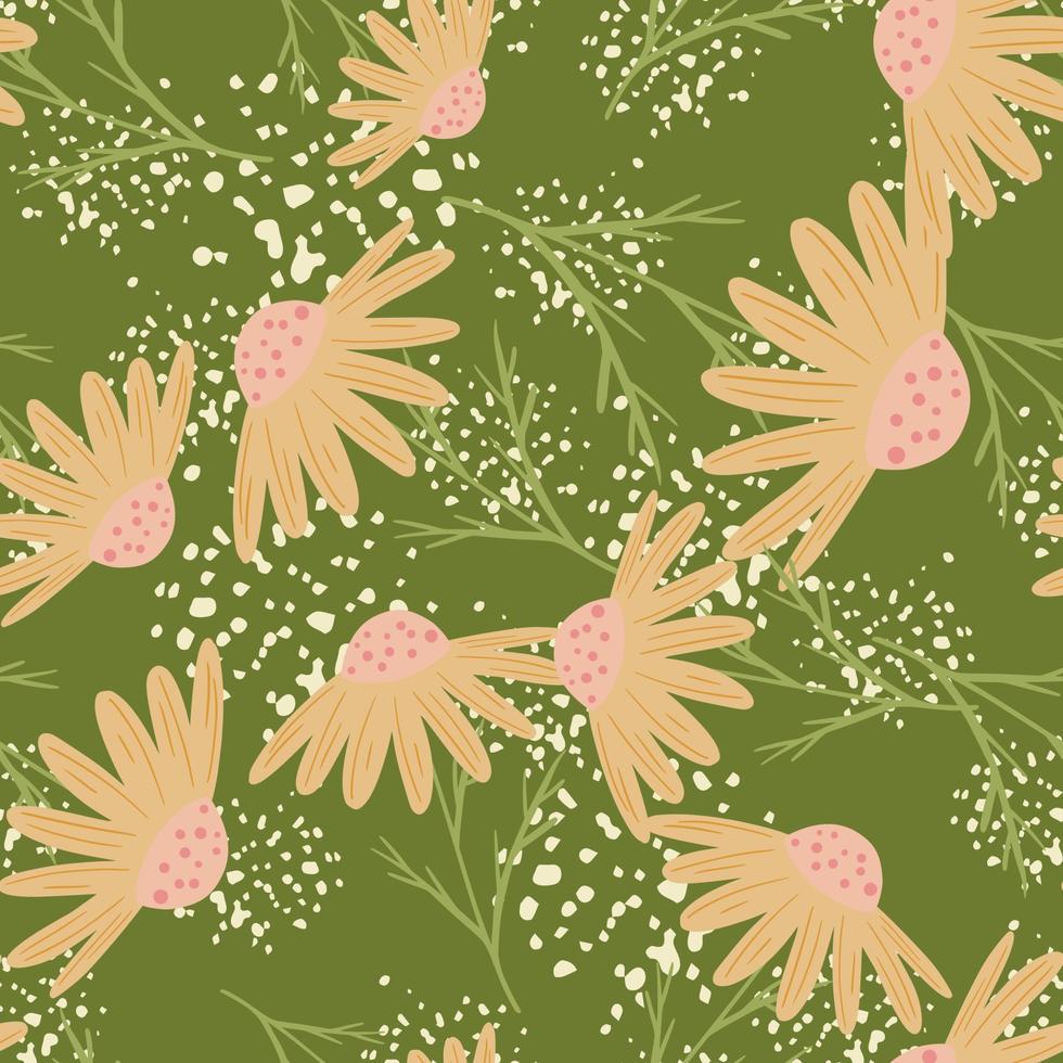 natuur naadloos patroon met abstracte willekeurige roze bleke madeliefjebloemen print. groene achtergrond met spatten. vector