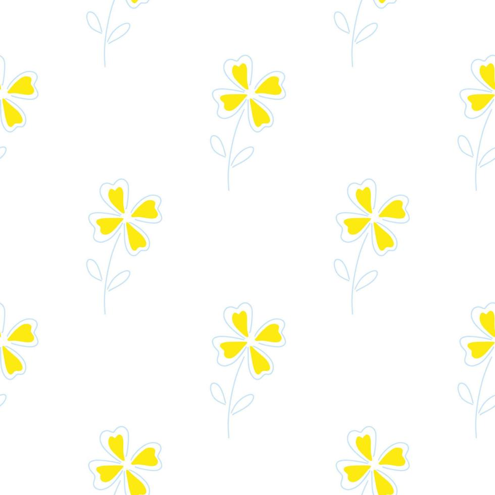 minimalistisch naadloos bloemenpatroon met gele klavertjevierelementen. witte geïsoleerde achtergrond. vector