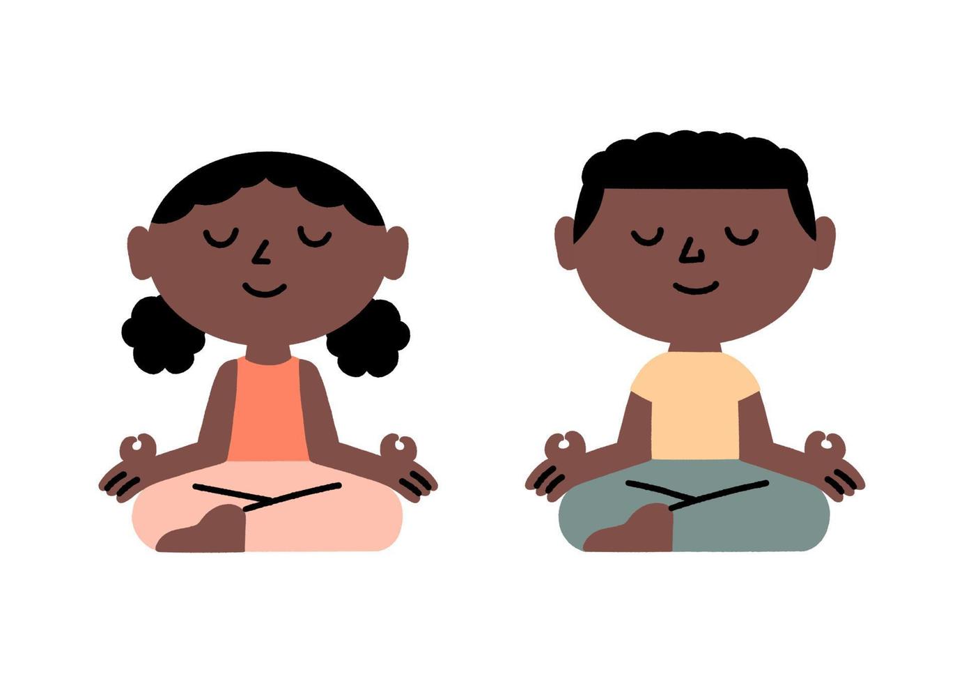 Afro-Amerikaanse kinderen mediteren in de lotushouding, een meditatieconcept. schattige karakters. hand getrokken, vectorillustratie. vector