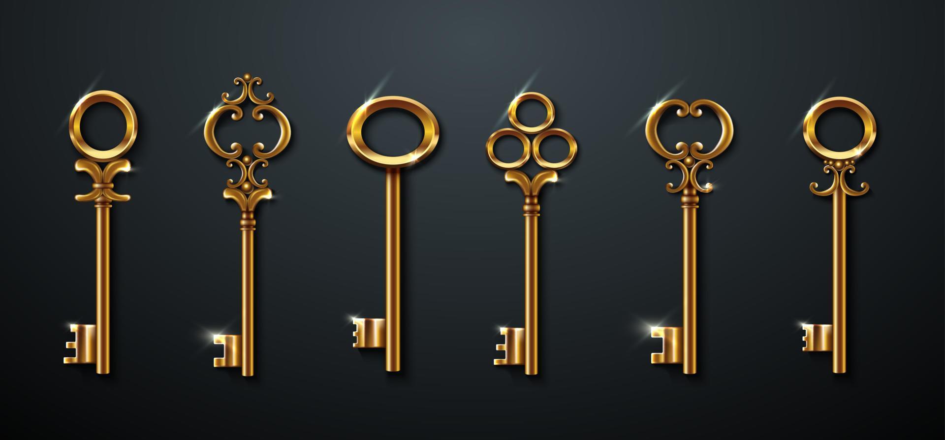 3D-realistische vector collectie van gouden oude vintage sleutels.