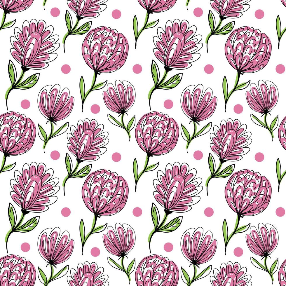 een naadloos patroon van bloemen, handgetekende doodle-stijlelementen. grillige bloemen, knoppen en erwten. zwarte patronen met roze en groene vlekken. vector