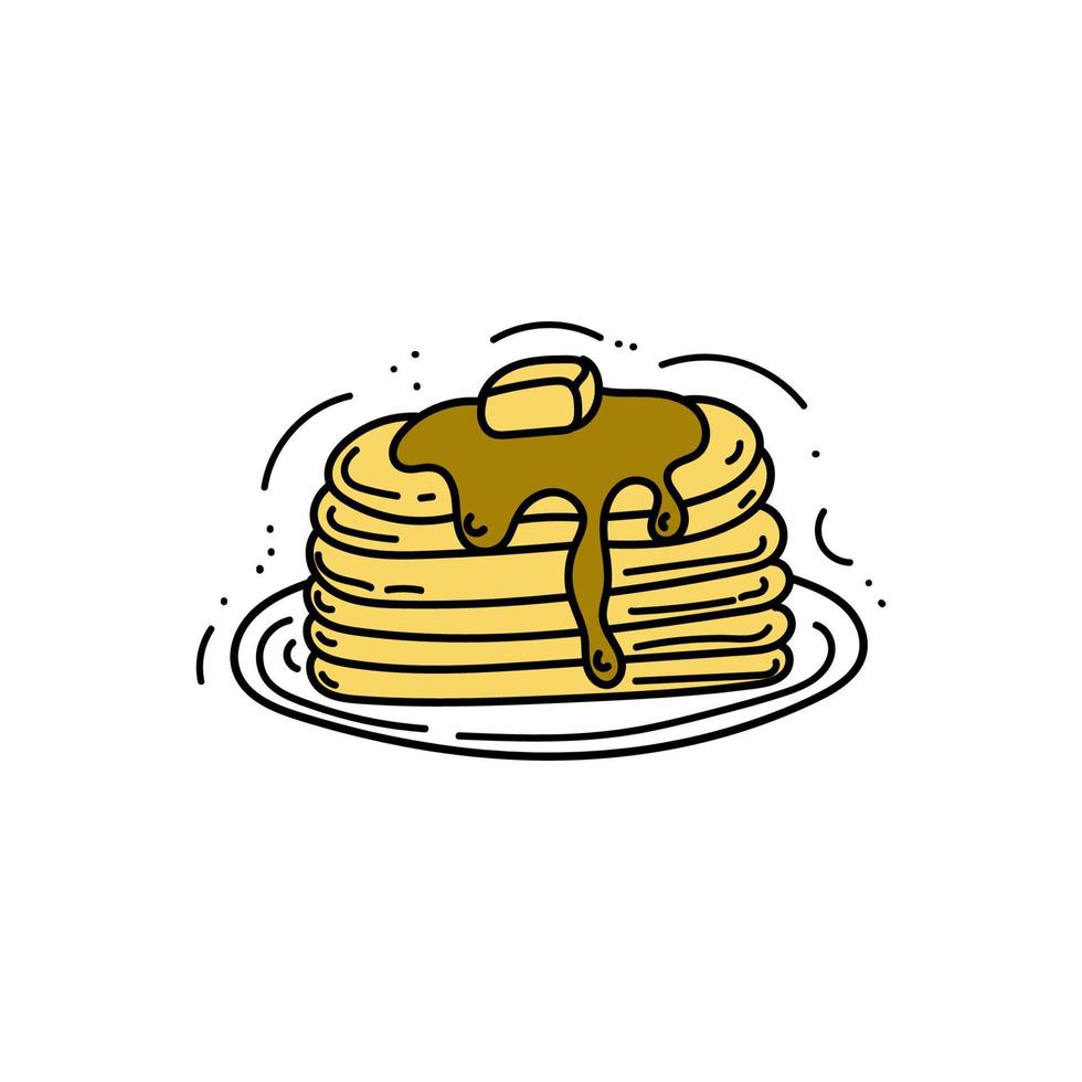 pannenkoeken met ahornsiroop. handgetekende doodle-stijlelementen. ontbijt. Goedemorgen. pannenkoeken op een bord. een eenvoudige vector in een doodle-stijl.