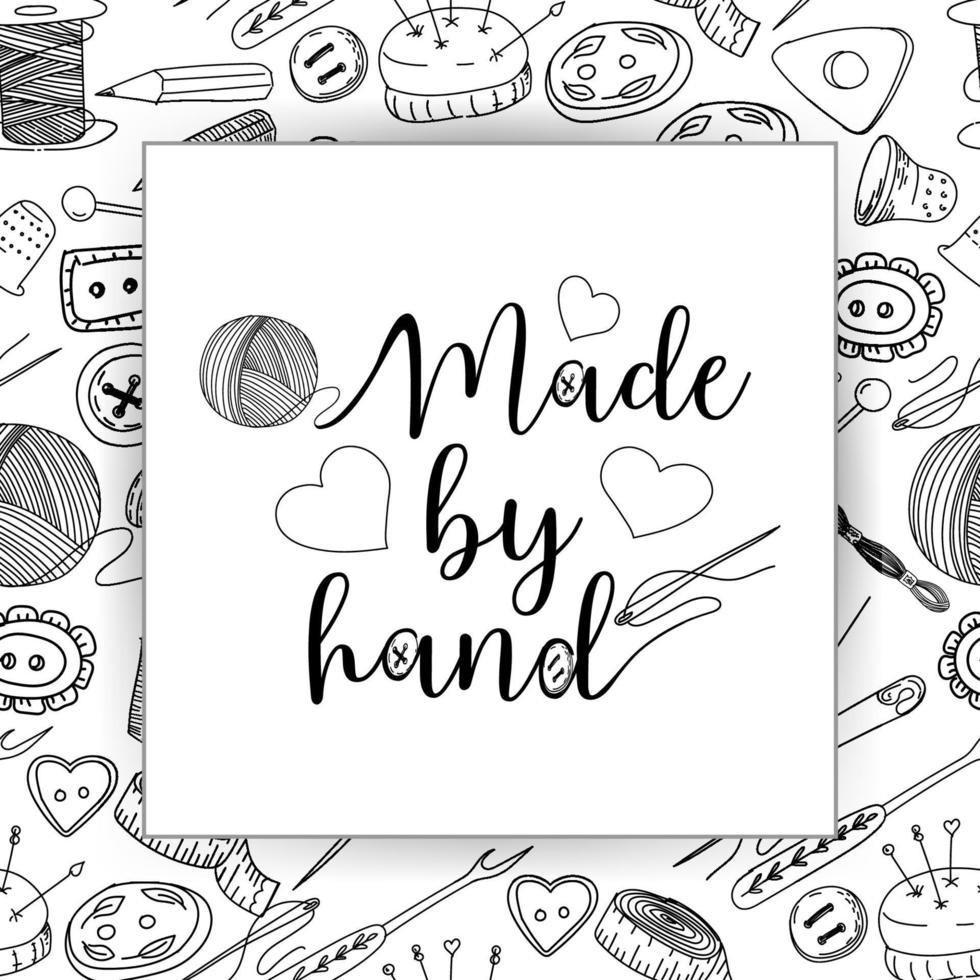 handgemaakte iconen, handwerkwinkel. draad, naalden, spelden en knopen. handgemaakte belettering handgetekende doodle-stijl illustraties. vector