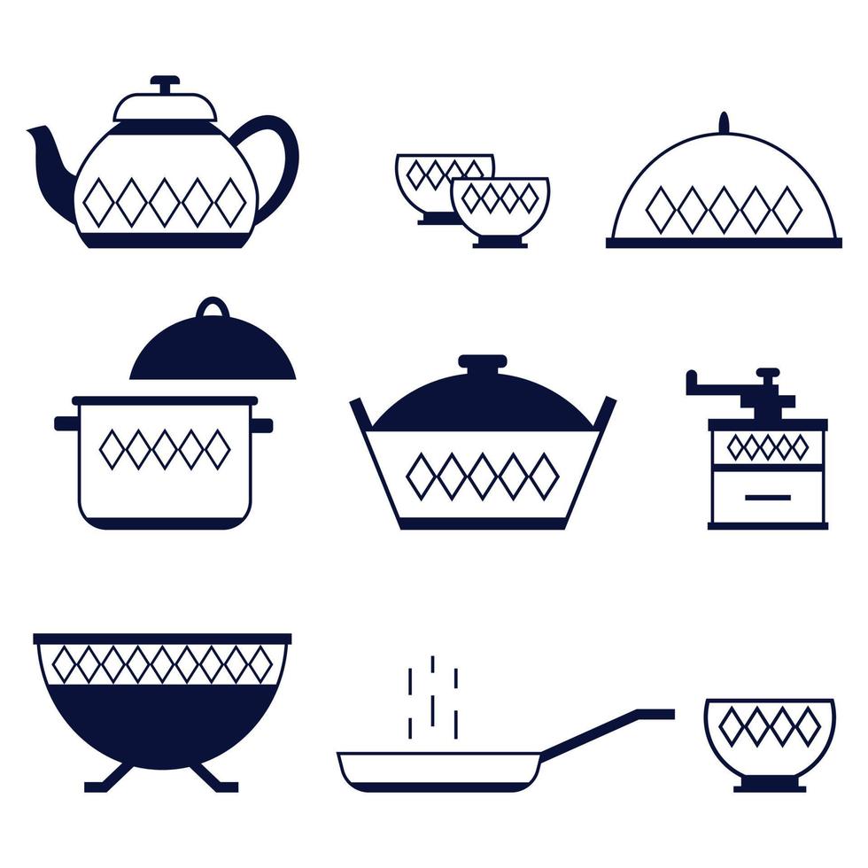 keukengerei om te koken. vector set keuken accessoires. keukenartikelen, kookgerei.