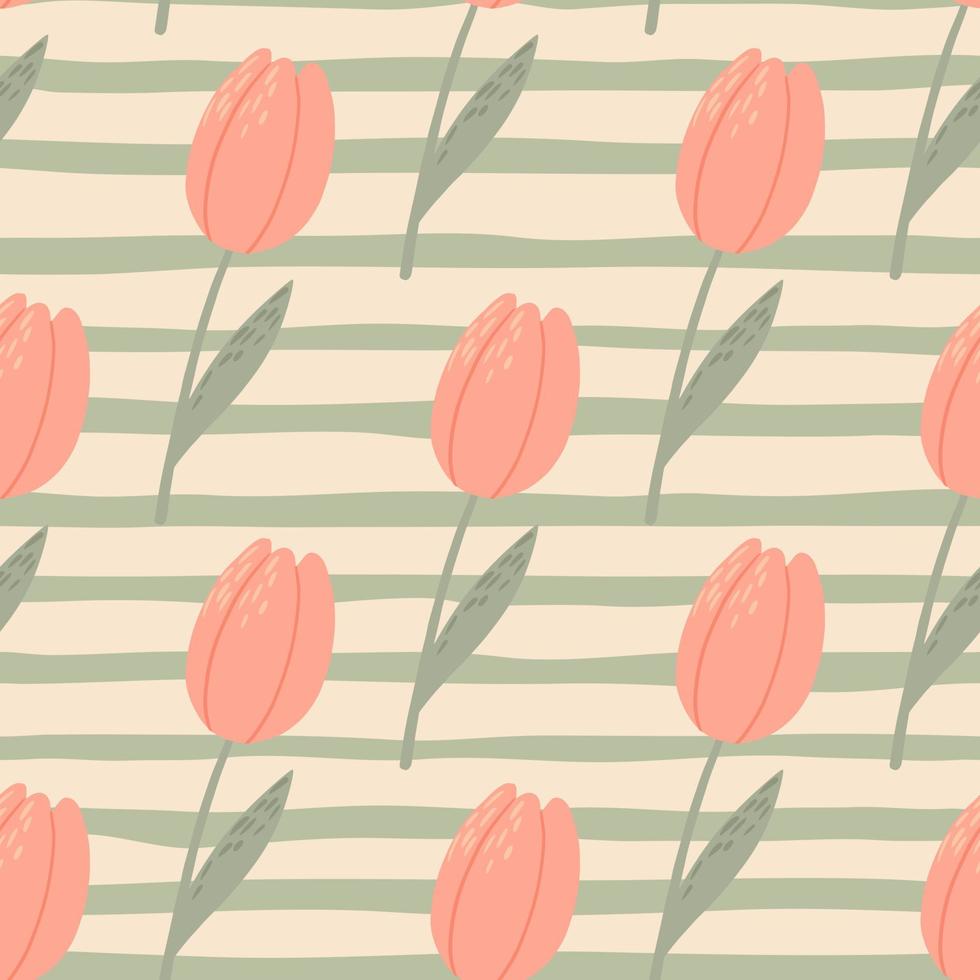 bleek naadloos gestileerd patroon met roze tulpen. gestripte grijze achtergrond. vintage botanische achtergrond. vector