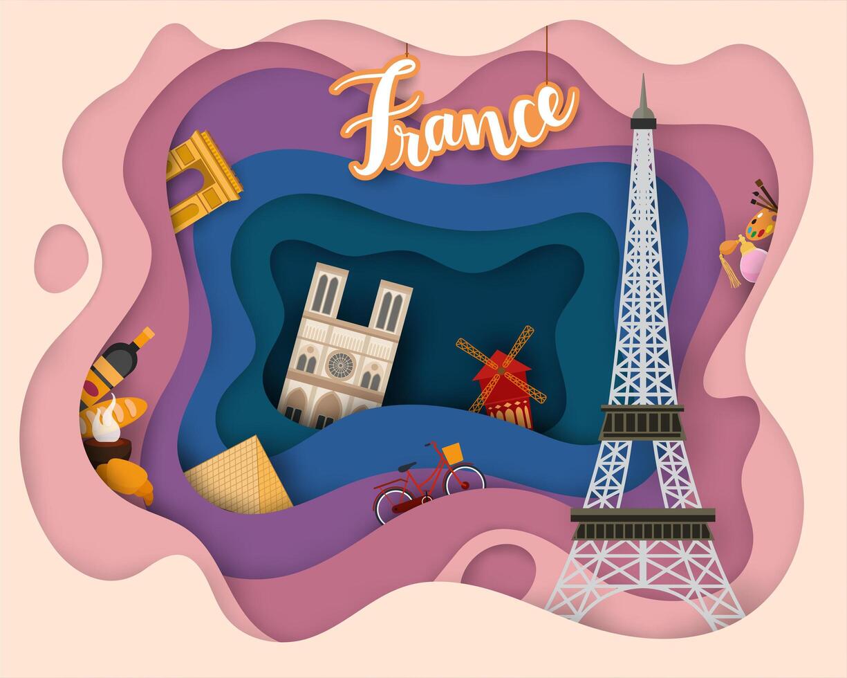 Ontwerp met papiersnit van Tourist Travel France vector