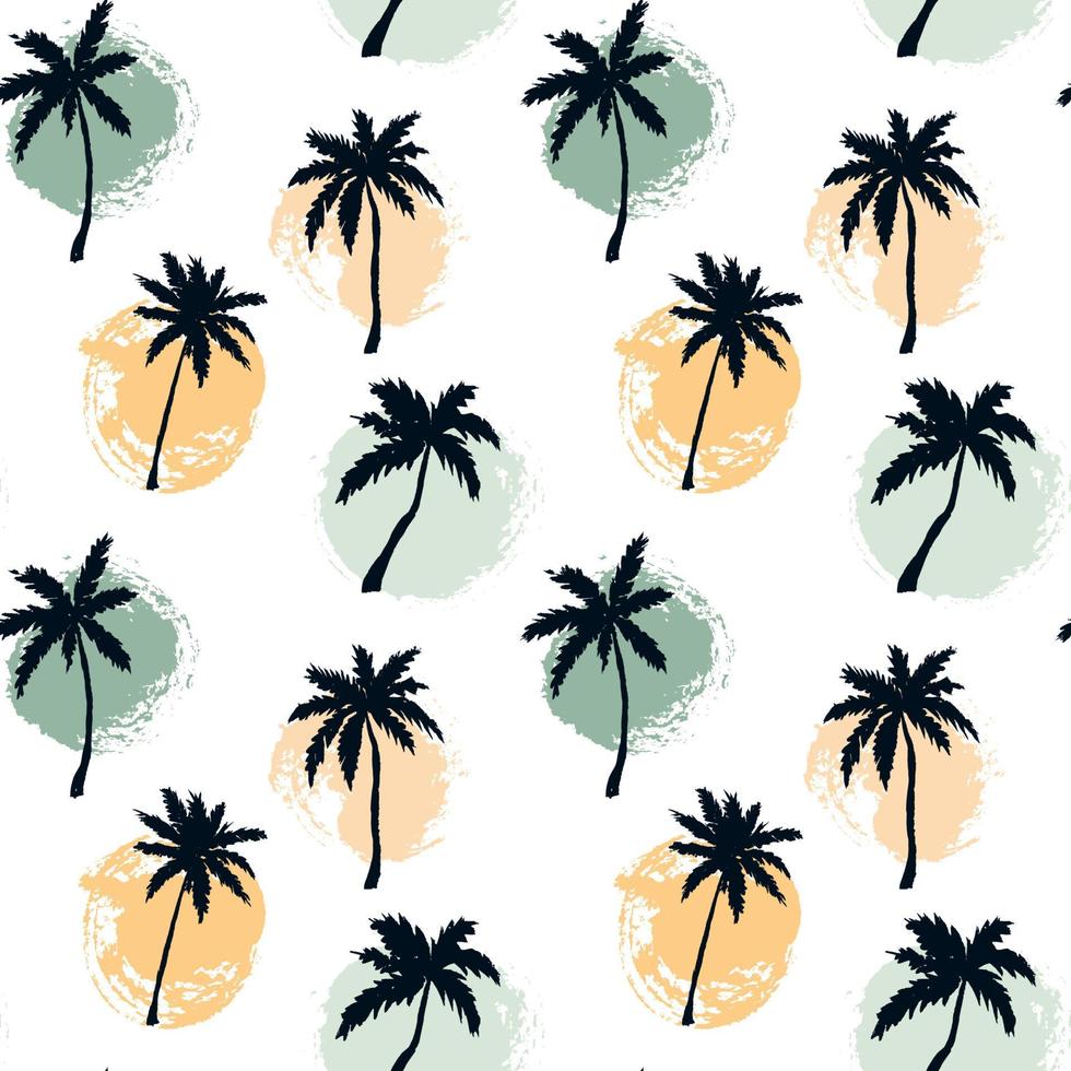 hand getekende zomer naadloze patroon met palmbomen en verf cirkels. vector illustratie