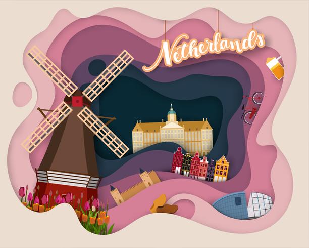 Ontwerp met papiersnit van Tourist Travel Netherland vector
