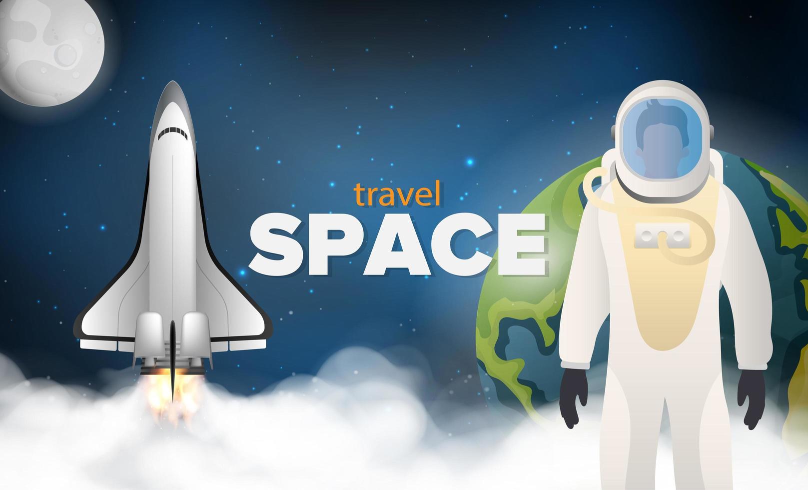 naar de ruimte reizen. een astronaut in een beschermend pak. een raket of shuttle vliegt in de ruimte tegen de achtergrond van de ruimte, de planeet aarde en de maan. realistische stijl. vectorillustratie. vector