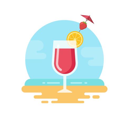 Roze cocktail met citroen slice en aardbei op het strand platte pictogram vector