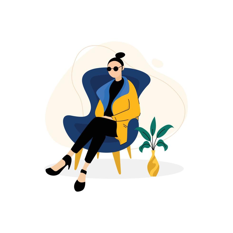 platte ontwerpillustratie van een vrouw die een bril in een eigentijdse stijl draagt, zittend in een comfortabele stoel en naar iets kijkt vector