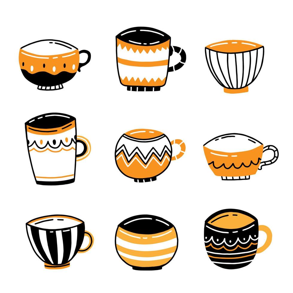 een set van diverse keramische kopjes of mokken met patronen in een eenvoudige doodle-stijl. vectorillustratie geïsoleerd op een witte achtergrond. vector