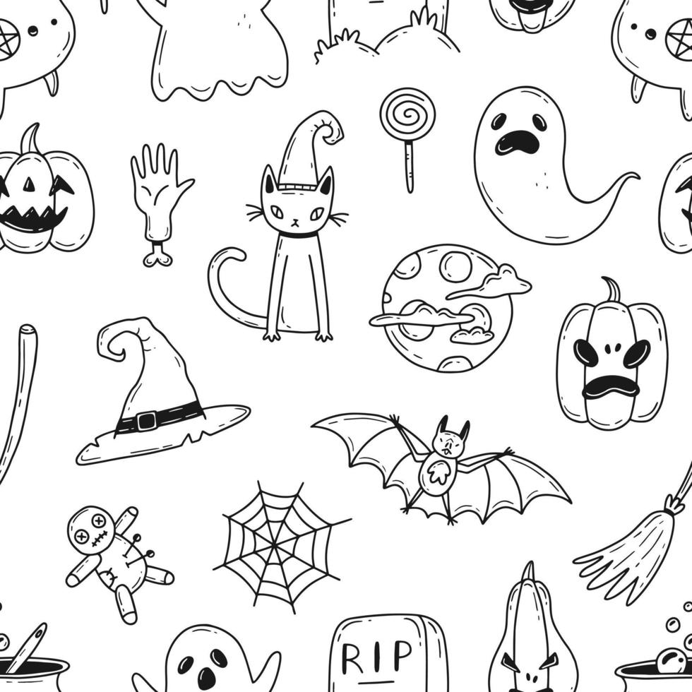 halloween naadloze zwart-wit patroon met cartoon doodle stijlelementen. vector afbeelding achtergrond.