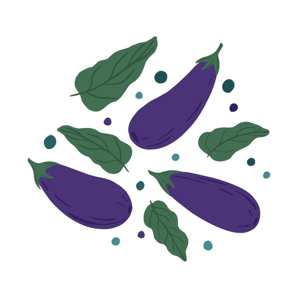 aubergines en bladeren op een witte achtergrond. hand tekenen plantaardige afdrukken. vector