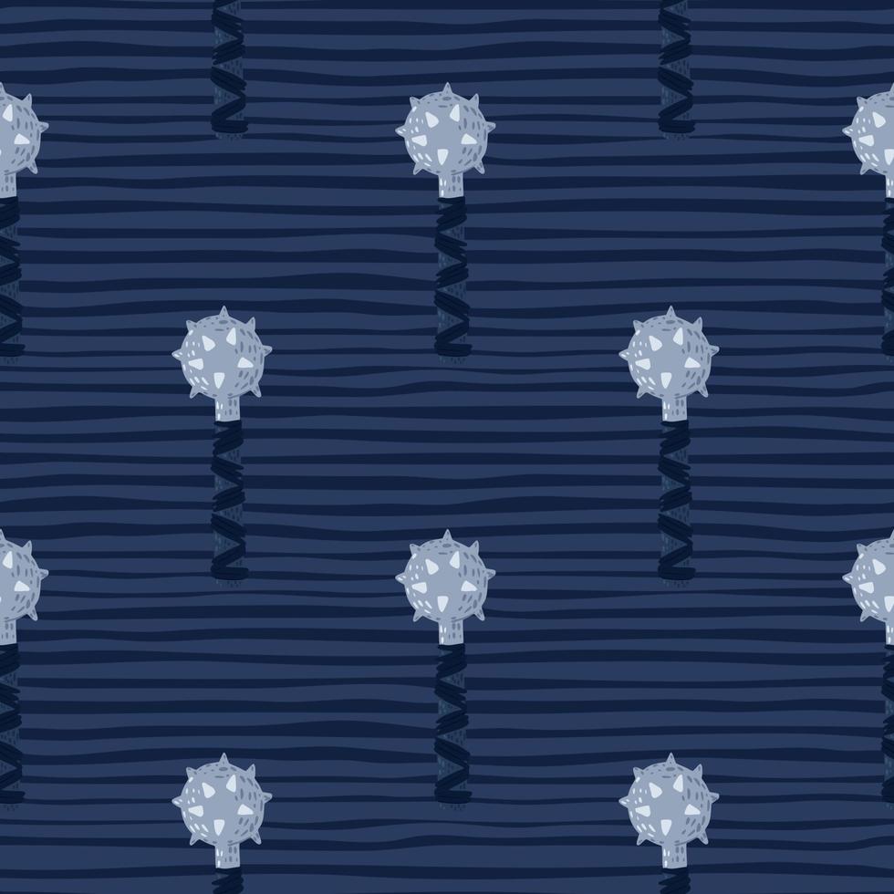 donkere middeleeuwen oorlog naadloze patroon met foelie eenvoudig ornament. blauw dorsvlegelwapen met spikes op marineblauw gestreepte achtergrond. vector