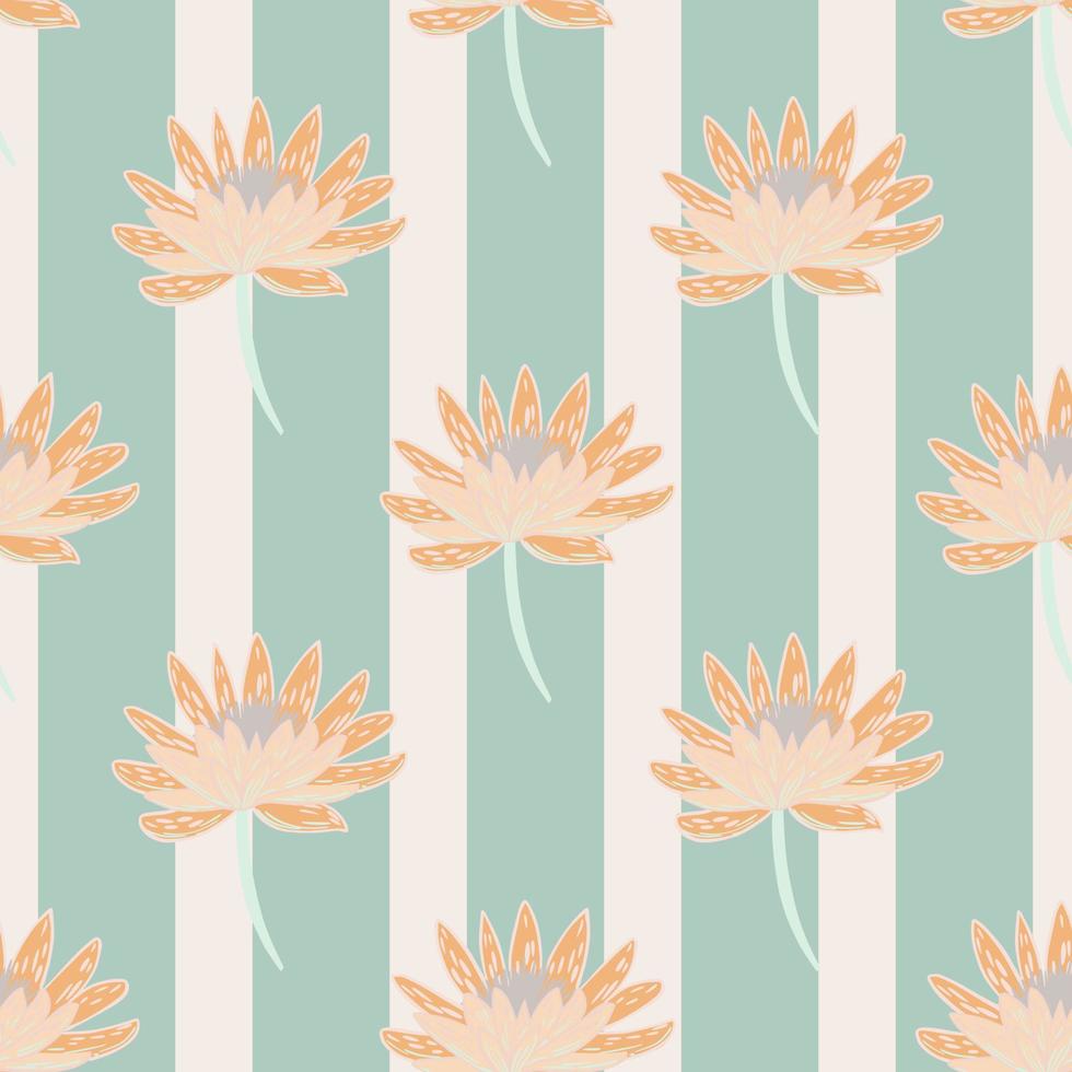 naadloos teder geklets met botanische oranje madeliefjebloemsilhouetten. pastelblauw gestreepte achtergrond. vector