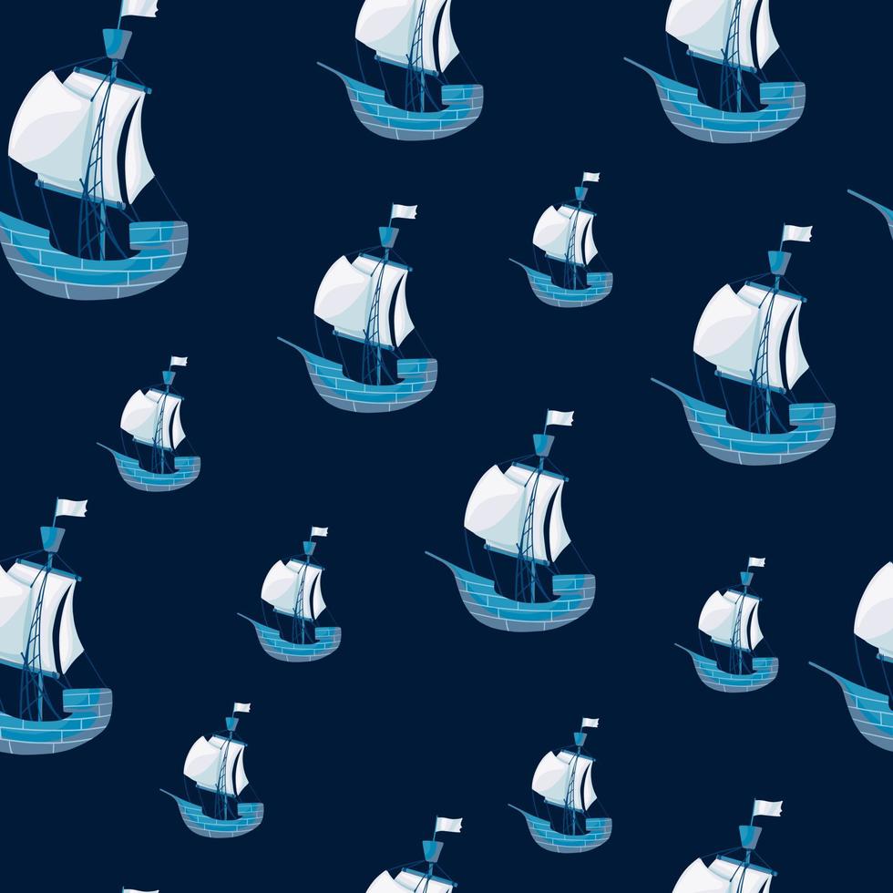 nautische naadloze patroon met blauwe willekeurige zeilboot schip elementen print. donkere marineblauwe achtergrond. vector