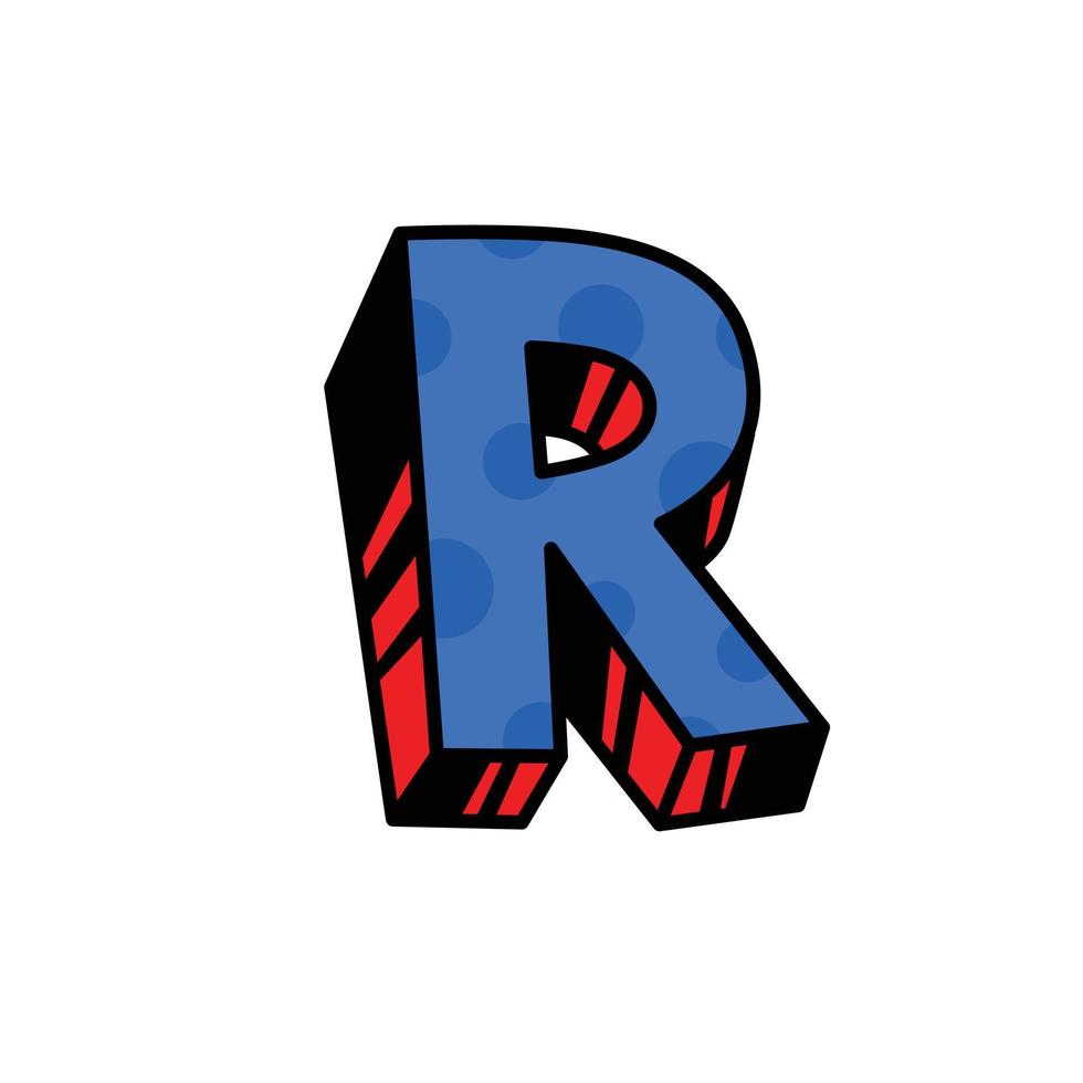 logo, letter r. vector. lineair, overzicht icoon. volumetrisch teken, 3d. kleur hoofdletter. illustratie met patroon. symbool op witte achtergrond. cartoon-stijl. het beeld van het circus. vector