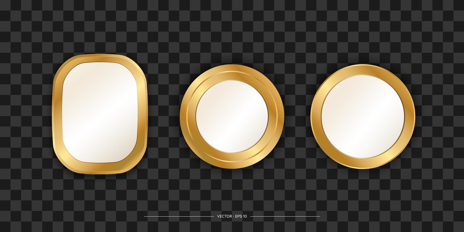 set spiegels met een gouden lijst. realistisch ontwerp voor interieurmeubilair. reflecterende glazen oppervlakken. geïsoleerd. vectorillustratie. vector