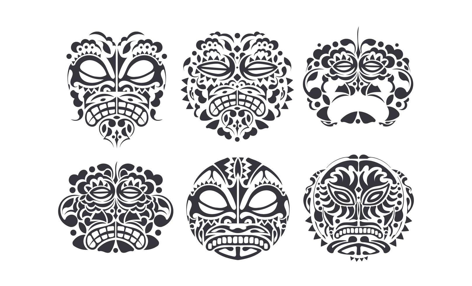 vector ontwerpset - volkskunst tribale achtergrond. Hawaiiaanse en Polynesische tiki hoofd totem.