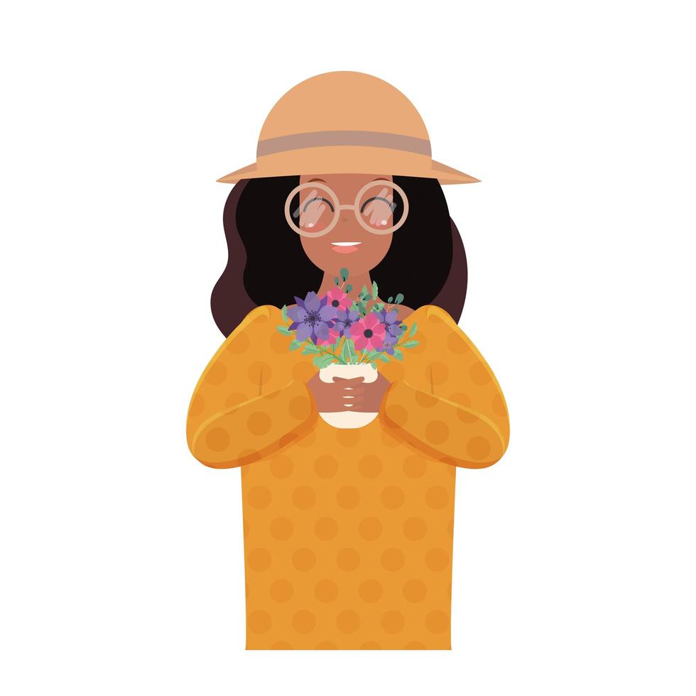 een meisje met een donkere huidskleur en een hoed heeft een pot bloemen in haar handen. Afro-Amerikaanse schattig meisje. geïsoleerd. vector. vector