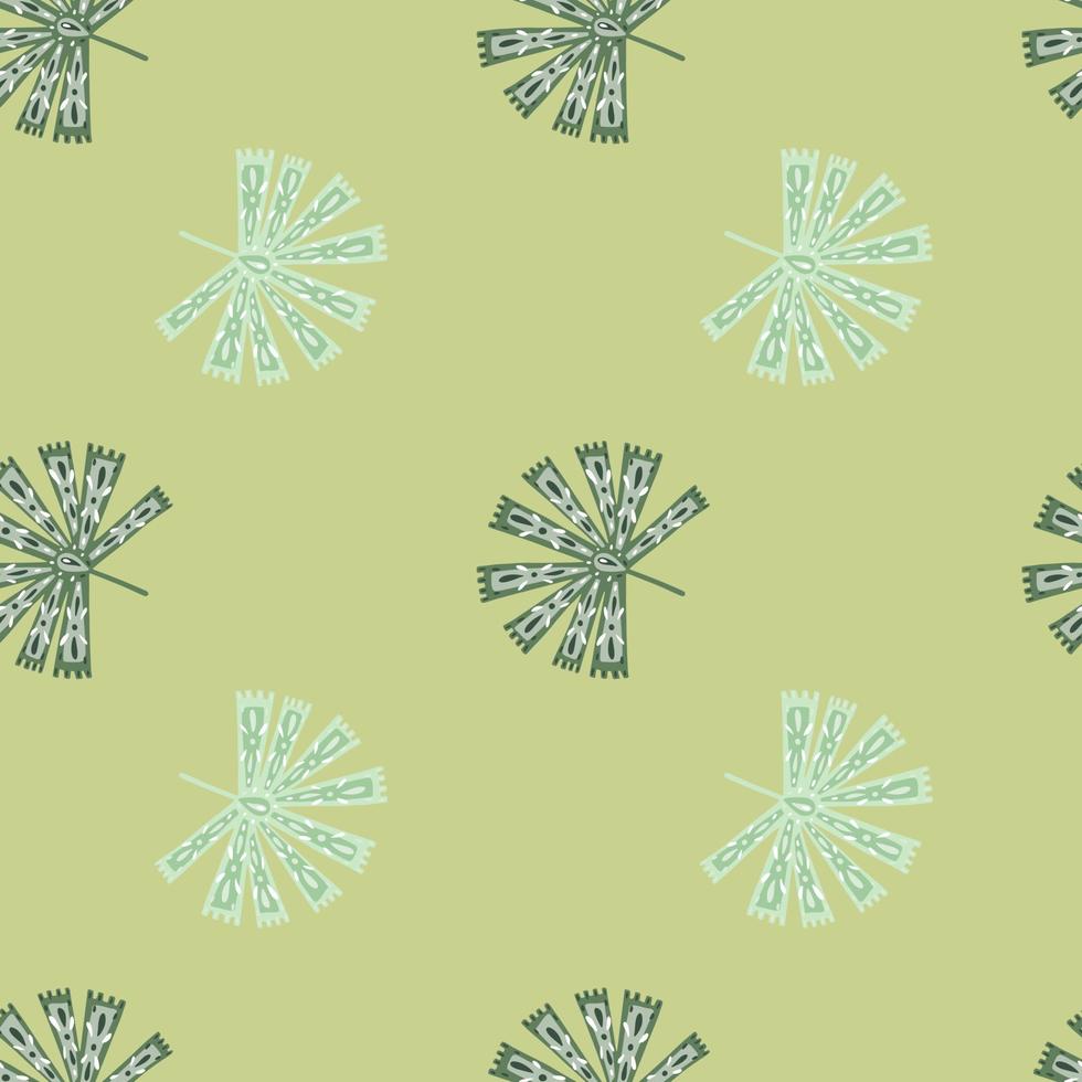 bloemen geometrische naadloze patroon met hand getrokken tropische folk licuala palm vormen. lichtgroene achtergrond. vector