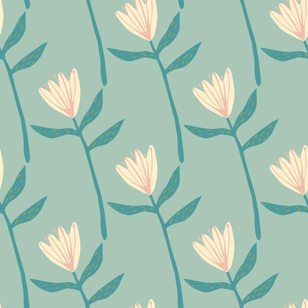 lente naadloos patroon met lichtroze bloemvormen. zachte turkooizen achtergrond. hand getekende botanische sieraad. vector