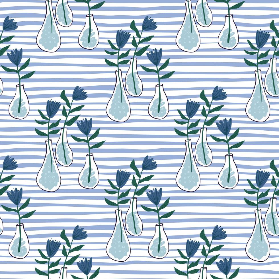 bloemen in een vaas naadloos handgetekend patroon. witte achtergrond met stroken en bloemensilhouetten in een marineblauwe kleur. vector