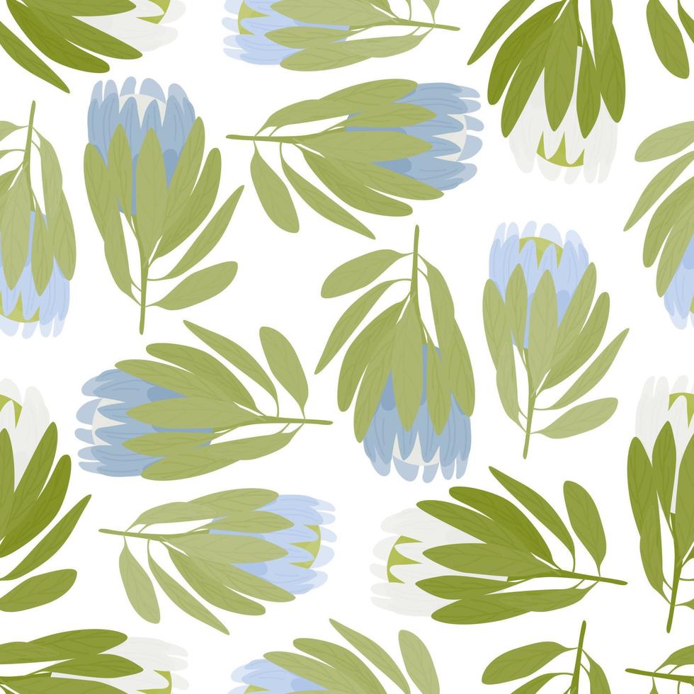 geïsoleerde naadloze patroon met blauwe hand getrokken protea bloemen elementen. groene bladeren. witte achtergrond. vector