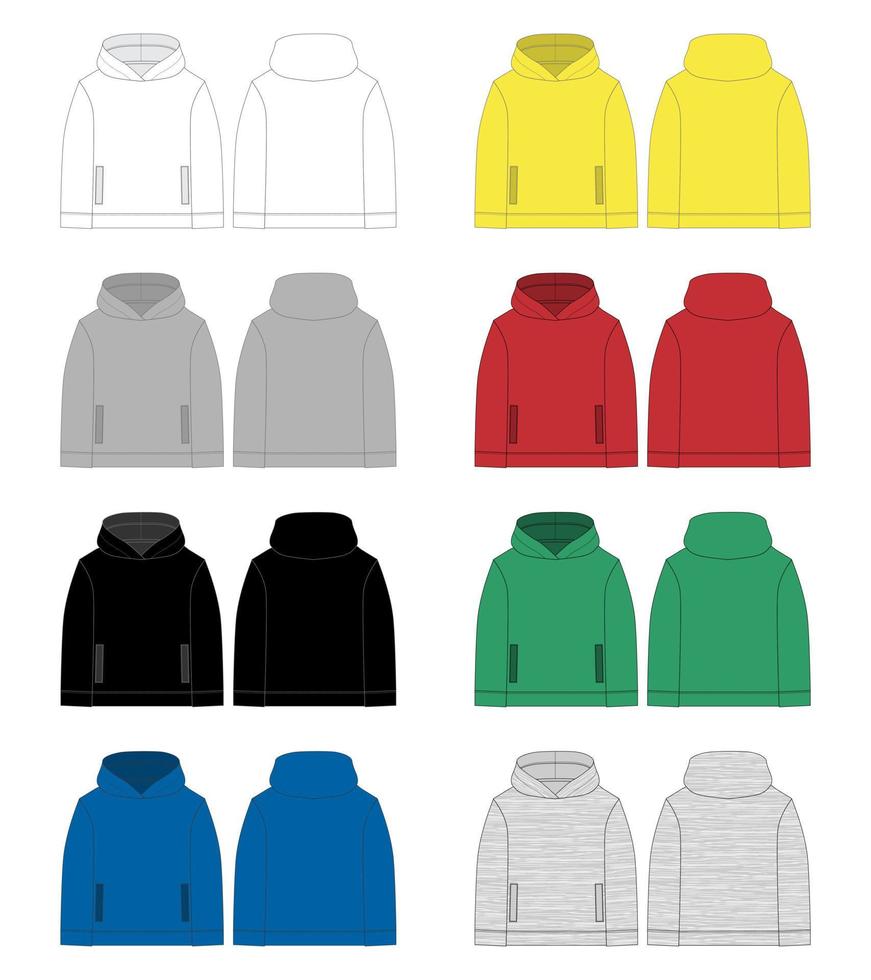 set technische schets voor heren hoodie. voor- en achteraanzicht. vector