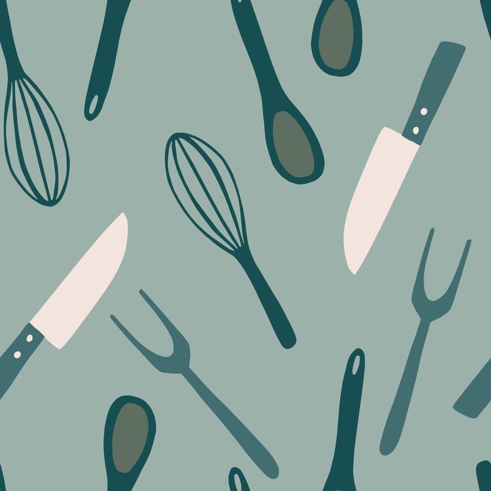 doodle mes, lepel, vork, bloemkroon ornament naadloos patroon. keuken kookgerei willekeurige print in blauwe kleuren. vector