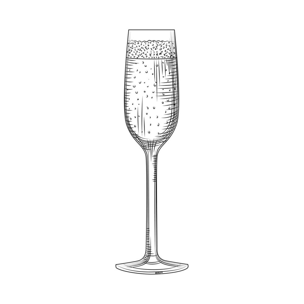 hand getekende volledige champagne glas schets. mousserende wijn glas. vector