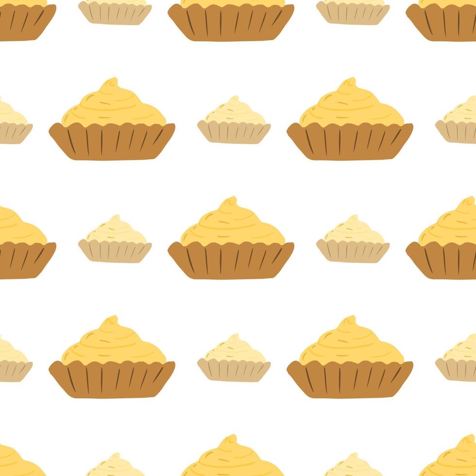 naadloze geïsoleerde patroon met mand crème silhouetten. zoete smakelijke bakkerij print in gele tinten op witte achtergrond. vector