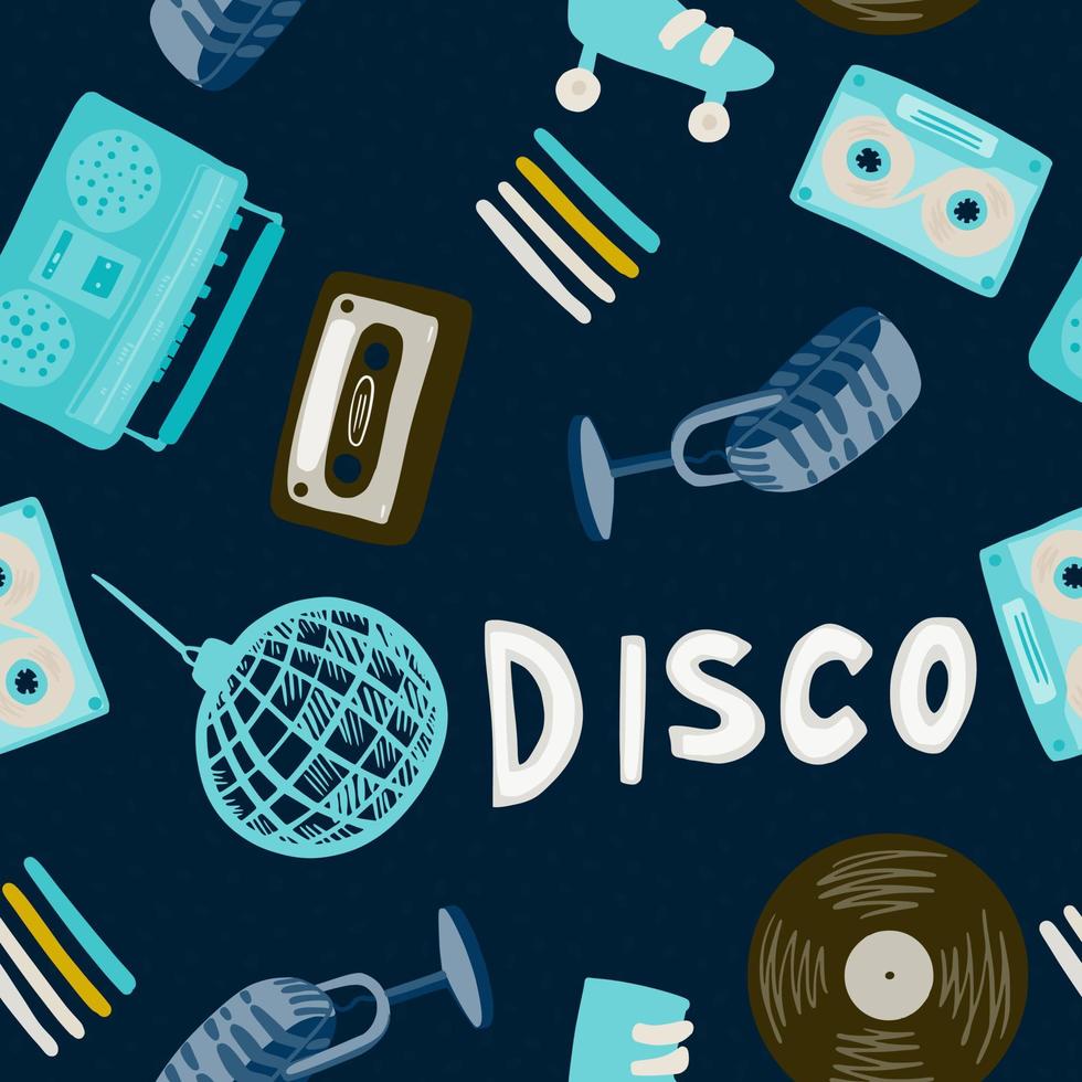 doodle bal, microfoon, rollen, cassette, bandrecorder, vinyl, record vormen naadloos patroon. disco ornament in heldere blauwe tinten op marine gekleurde achtergrond. vector