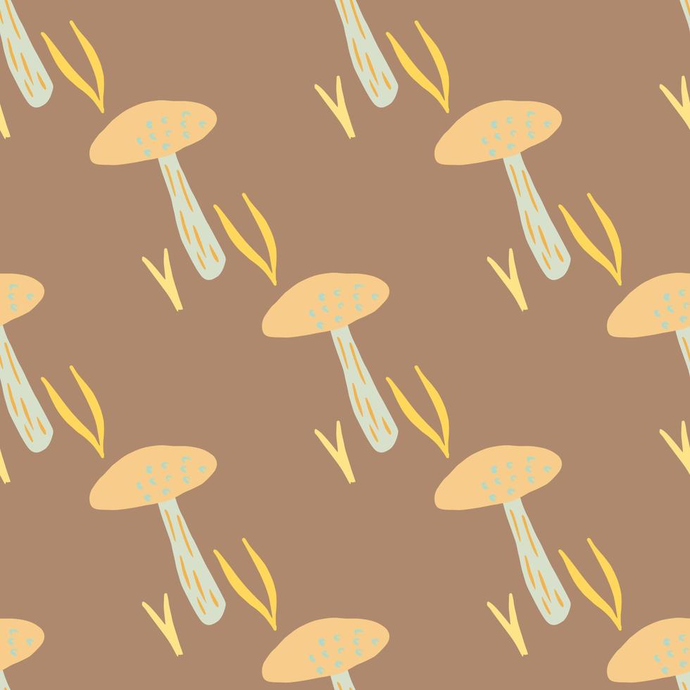 herfst palet naadloze doodle patroon met champignons. beige bos wilde schimmel silhouetten op bruine achtergrond. vector