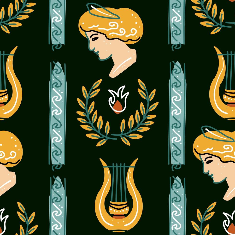 naadloos patroon met antiek standbeeld van vrouw, harp, patroon vector