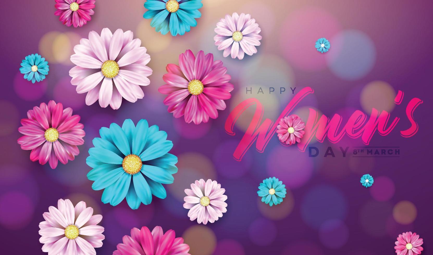 gelukkig vrouwendagontwerp met bloem en typografiebrief op paarse achtergrond vector