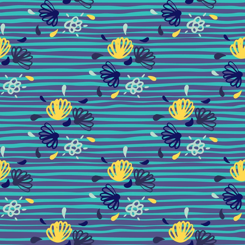 heldere bloemen naadloze doodle patroon. marine en geel voorgevormd ornament op gestripte blauwe achtergrond. vector