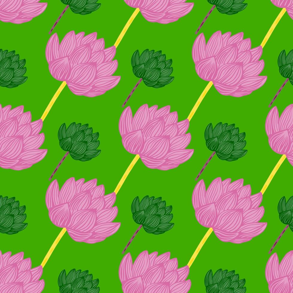 naadloze patroon met geometrische roze voorgevormde lotusbloem ornament. groene achtergrond. vector