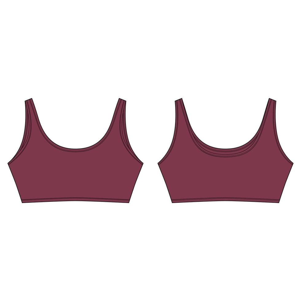 technische schets van bordeauxrode sportbeha. kleding voor meisjes geïsoleerd op een witte achtergrond. yoga ondergoed ontwerpsjabloon. voor- en achteraanzicht. vector