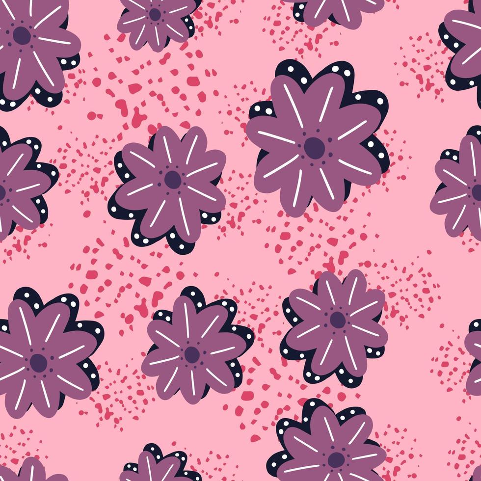 willekeurig naadloos patroon met paarse madeliefje bloemen vormen. roze achtergrond met spatten. eenvoudige stijl. vector