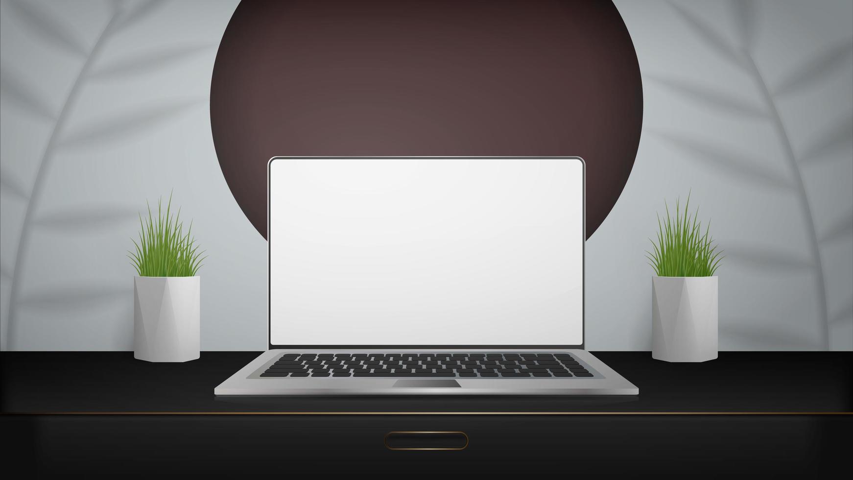 een laptop met een wit scherm staat op een zwarte stoeprand. werkplek. lay-out voor het weergeven van sites, applicaties, games en advertenties. vectorillustratie. vector