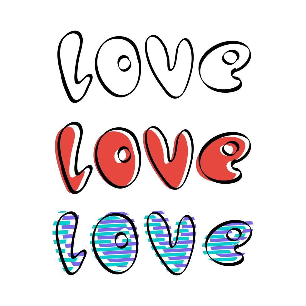belettering liefde instellen op een witte achtergrond. uit de vrije hand doodle stijl lettertype. voor t-shirts en ansichtkaarten. vector. vector