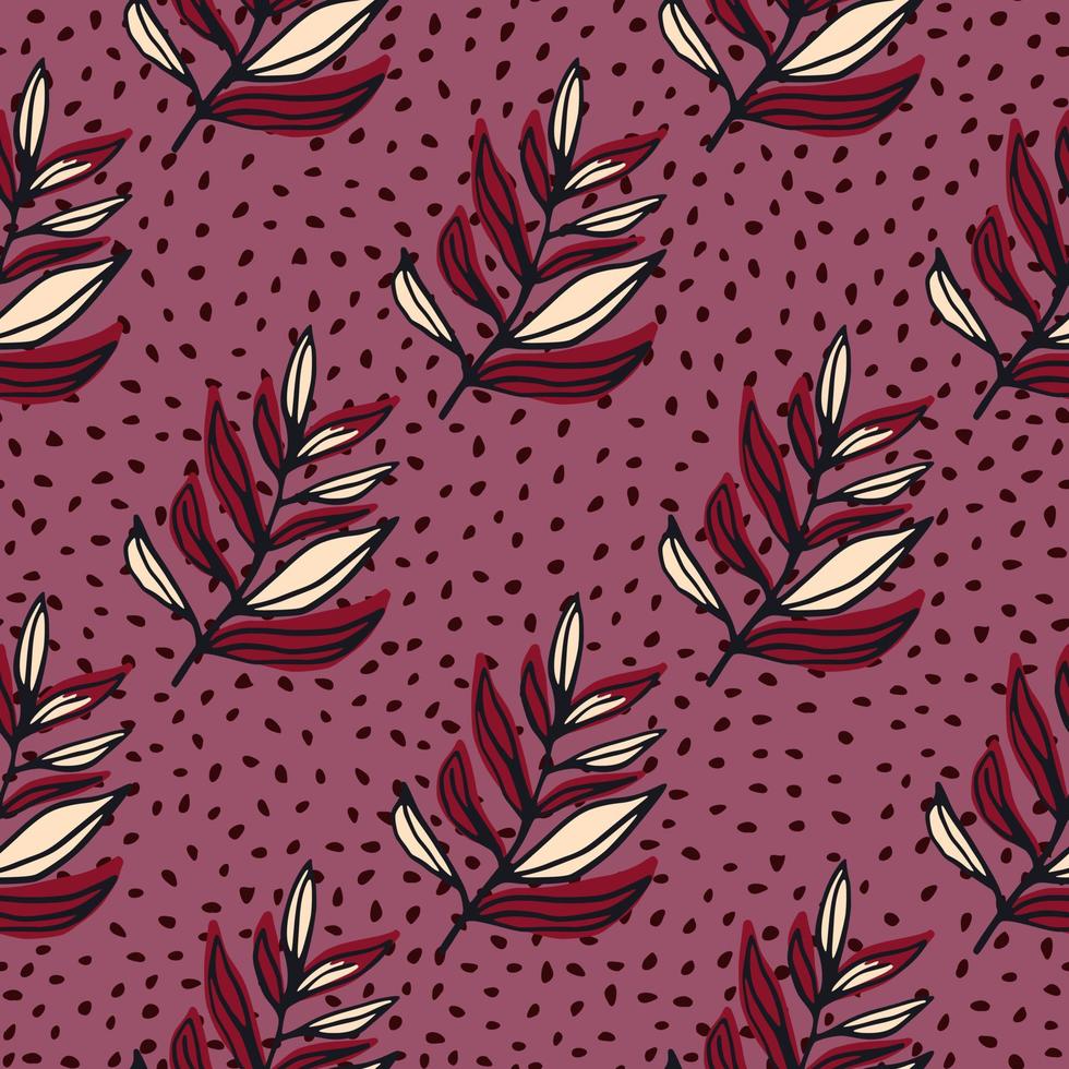 verlaat tak overzicht abstracte naadloze patroon. voorgevormde rode botanische sieraad op donkere lila achtergrond met stippen. vector
