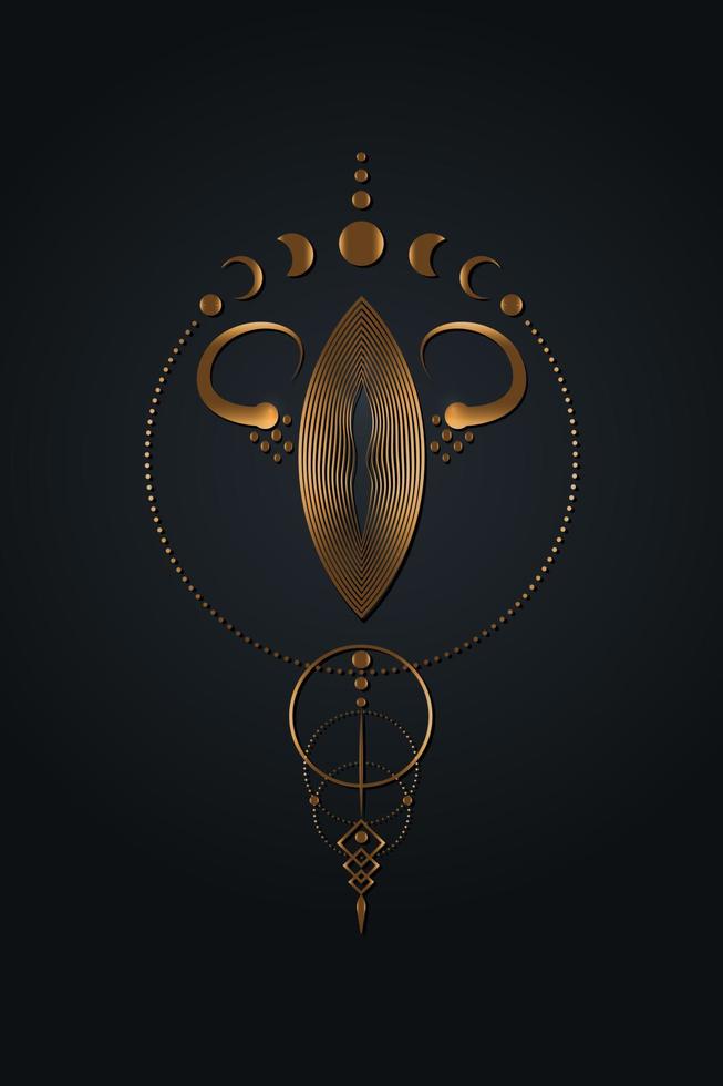 mystieke heilige tribale vagina en maanstanden, heilige geometrie. gouden schoonheid vagina concept abstract logo, gouden amandel teken symbool of teken, overlappende cirkels vector geïsoleerd of zwarte achtergrond