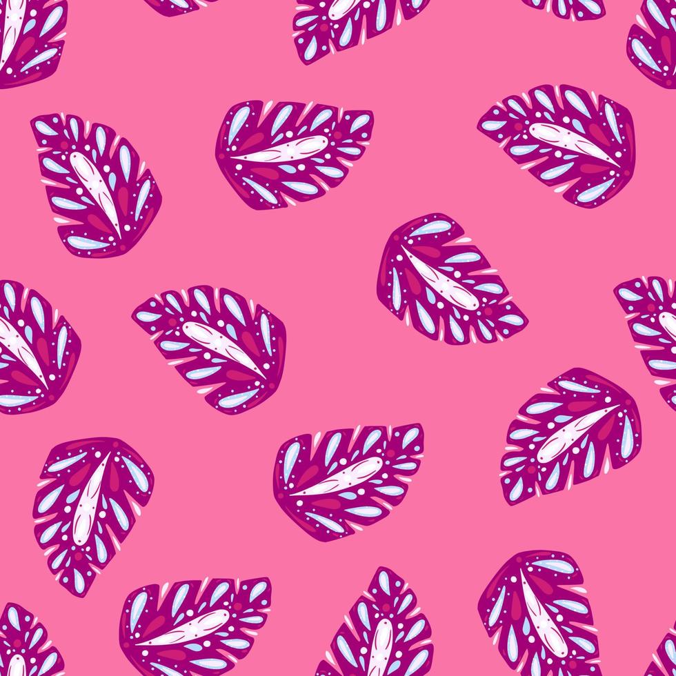 heldere paarse folk monstera silhouetten naadloze natuur patroon. roze achtergrond. willekeurige sieraad. vector